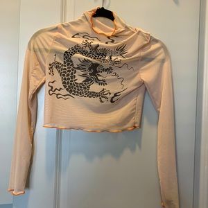 Cropped Mesh Turtleneck w/ Dragon Design